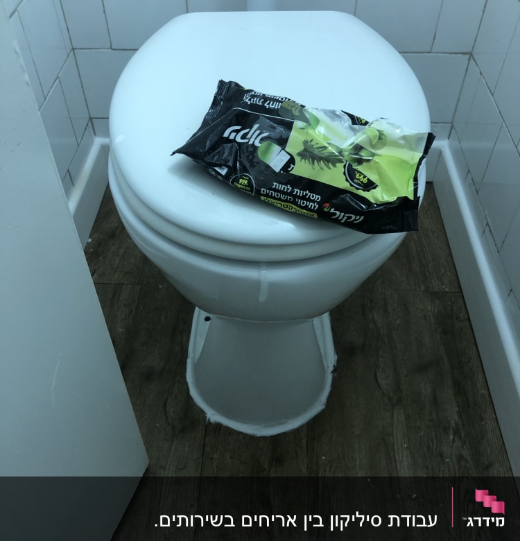 חבילת מגבונים על מושב אסלה בחדר שירותים